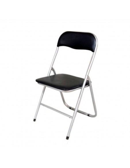 Silla plegable con asiento y respaldo acolchado negro, asiento de 37,5 x 39 cm, estructura metálica gris, 80 x 43 x 45 cm, gomas