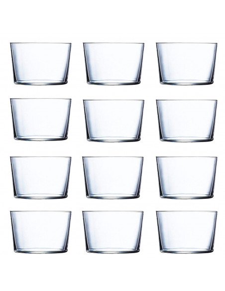 Tradineur - Juego de 12 vasos de cristal 23 cl, modelo "Ruta", pack 12 vasos para licores, bebidas, 8,2 x 6 cm, ligeros, aptos p