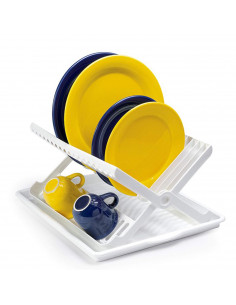 Tradineur - Escurreplatos con bandeja bloqueable en blanco 37 x 33 x 21 cm, Escurridor platos plegable de plástico resistente