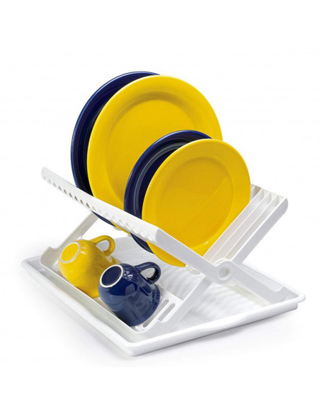 Tradineur - Escurreplatos con bandeja bloqueable en blanco 37 x 33 x 21 cm, Escurridor platos plegable de plástico resistente