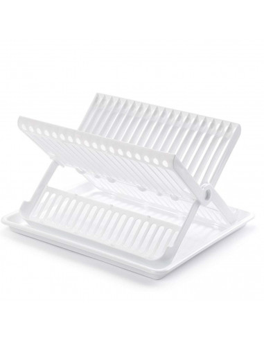 Tradineur - Escurreplatos con bandeja bloqueable en blanco 37 x 33 x 21 cm, Escurridor platos plegable de plástico resistente
