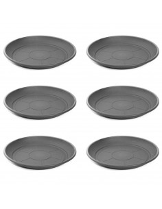 Pack de 6 platos de plástico gris para macetas de 30-40 cm "Mediterránea". Bandejas, platillos redondos para tiestos de interior