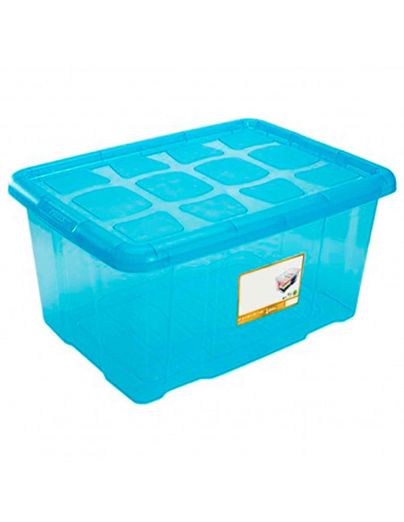Caja almacenaje con tapa, plástico translúcido, cajón multiusos, ordenación, almacenamiento de objetos, hogar, 60 litros, 29,7 x