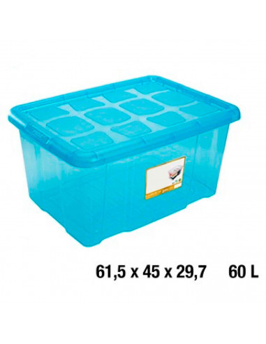 Caja almacenaje con tapa, plástico translúcido, cajón multiusos, ordenación, almacenamiento de objetos, hogar, 60 litros, 29,7 x