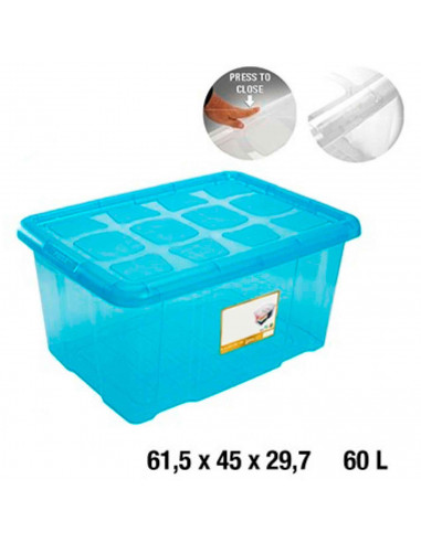 Caja almacenaje con tapa, plástico translúcido, cajón multiusos, ordenación, almacenamiento de objetos, hogar, 60 litros, 29,7 x