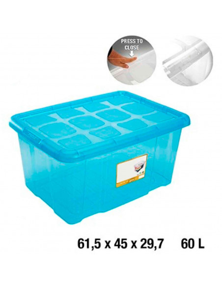 Caja almacenaje con tapa, plástico translúcido, cajón multiusos, ordenación, almacenamiento de objetos, hogar, 60 litros, 29,7 x
