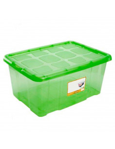 Caja para almacenaje con tapa, plástico translúcido, cajón multiusos, ordenación, almacenamiento objetos, hogar, 60 litros, 29,7