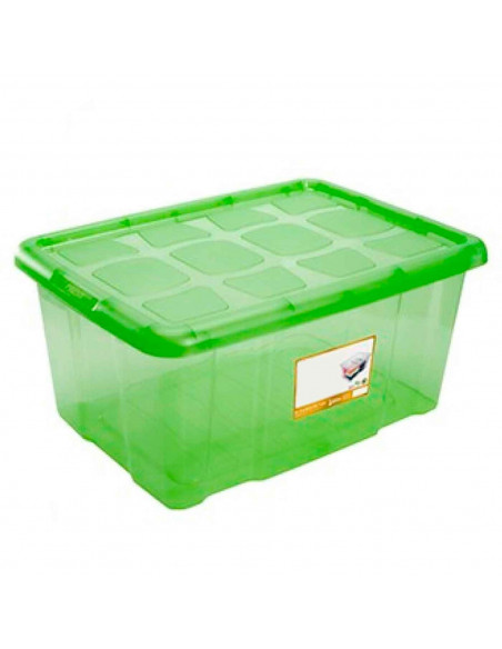 Caja para almacenaje con tapa, plástico translúcido, cajón multiusos, ordenación, almacenamiento objetos, hogar, 60 litros, 29,7