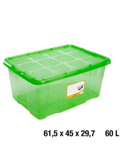Caja para almacenaje con tapa, plástico translúcido, cajón multiusos, ordenación, almacenamiento objetos, hogar, 60 litros, 29,7 2