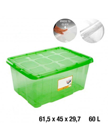 Caja para almacenaje con tapa, plástico translúcido, cajón multiusos, ordenación, almacenamiento objetos, hogar, 60 litros, 29,7