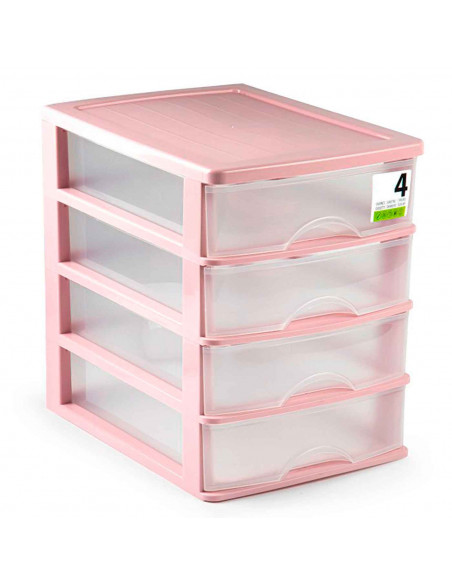 Tradineur - Cajonera sobremesa de plástico, 4 cajones, torre de almacenaje multiusos, escritorio, armario, baño, oficina (Rosa,