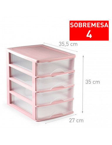 Tradineur - Cajonera sobremesa de plástico, 4 cajones, torre de almacenaje multiusos, escritorio, armario, baño, oficina (Rosa,