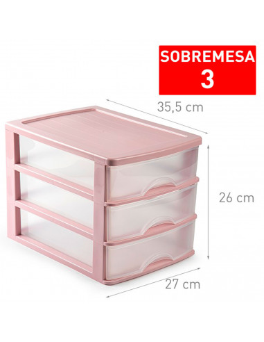 Tradineur - Cajonera de plástico, 3 cajones transparentes, sobremesa, torre de almacenaje multiusos, escritorio, armario, baño,