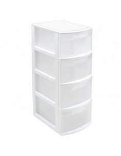 Tradineur - Cajonera estrecha de plástico, modelo Támesis, 4 cajones transparentes, torre de almacenaje, oficina, hogar (Blanco,