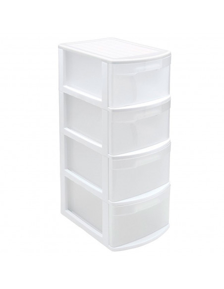 Tradineur - Cajonera estrecha de plástico, modelo Támesis, 4 cajones transparentes, torre de almacenaje, oficina, hogar (Blanco,
