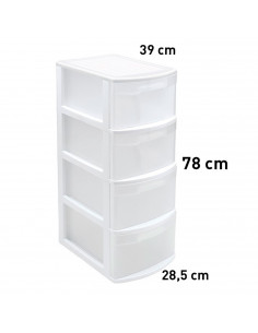 Tradineur - Cajonera estrecha de plástico, modelo Támesis, 4 cajones transparentes, torre de almacenaje, oficina, hogar (Blanco, 2