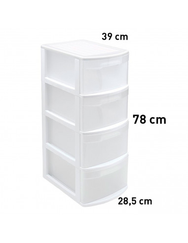 Tradineur - Cajonera estrecha de plástico, modelo Támesis, 4 cajones transparentes, torre de almacenaje, oficina, hogar (Blanco,