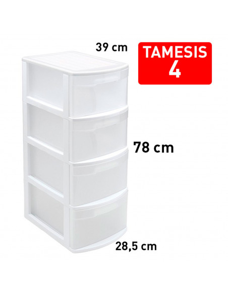 Tradineur - Cajonera estrecha de plástico, modelo Támesis, 4 cajones transparentes, torre de almacenaje, oficina, hogar (Blanco,