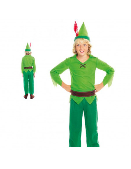 Disfraz de Peter Pan infantil, fibra sintética, incluye gorro, camisa, pantalón, cinturón y cubrebotas, carnaval, halloween, cos