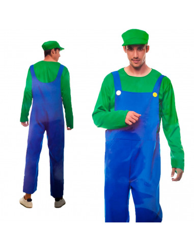 Disfraz fontanero color verde con gorra incluida para jóvenes y adultos para carnaval, halloween, talla L