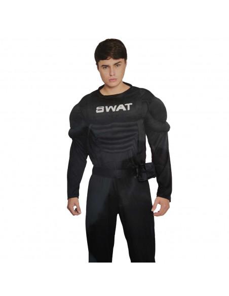 Disfraz agente SWAT musculoso de color negro para jóvenes y adultos para carnaval, halloween, celebraciones, talla S
