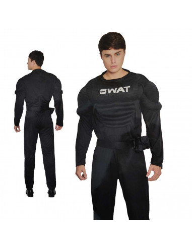 Disfraz agente SWAT musculoso de color negro para jóvenes y adultos para carnaval, halloween, celebraciones, talla S