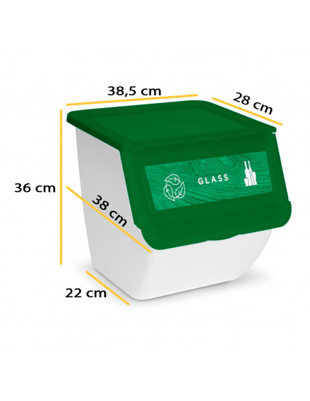Contenedor apilable plástico con ruedas, organizador de basura, caja de almacenamiento de residuos, reciclaje (Vidrio, 36 litros