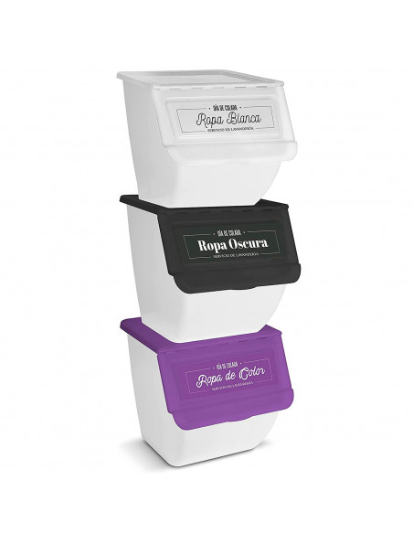 Pack de 3 contenedores de plástico apilables con ruedas, organizadores de ropa sucia (Ropa blanca, oscura y de color, 36 litros,