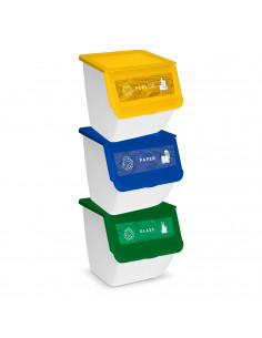 Pack de 3 contenedores apilables de plástico con ruedas, cajas almacenaje basura, reciclaje (Papel, plástico y vidrio, 36 litros