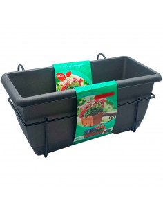 Tradineur - Jardinera para balcón con plato y soporte metálico, 40 x 19,5 x 17 cm. Macetero de plástico para colgar, 8L con plat