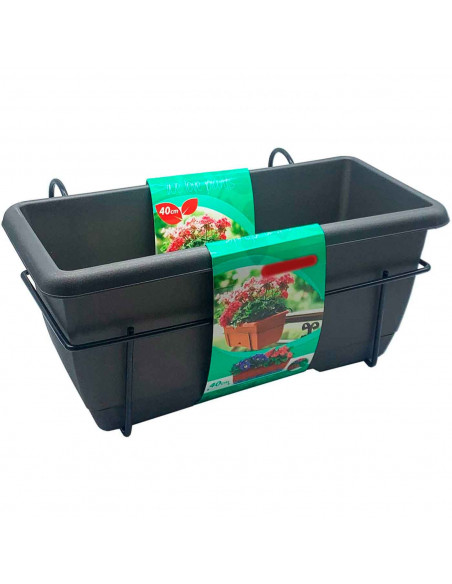 Tradineur - Jardinera para balcón con plato y soporte metálico, 40 x 19,5 x 17 cm. Macetero de plástico para colgar, 8L con plat