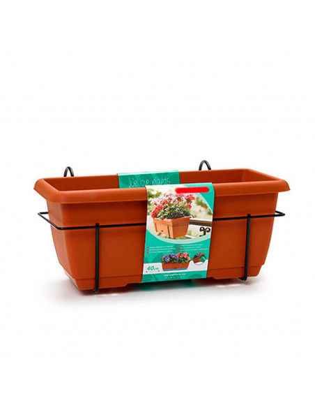 Tradineur - Jardinera para balcón con soporte metálico y plato, 40 x 19,5 x 17 cm. Macetero de plástico para colgar, 8L con plat