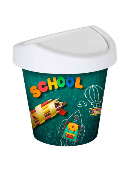 Mini papelera redonda con tapa giratoria de plástico con diseño de colegio. Oficina, escritorio, estudio. 17 x 16 cm