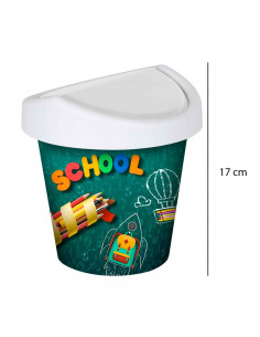 Mini papelera redonda con tapa giratoria de plástico con diseño de colegio. Oficina, escritorio, estudio. 17 x 16 cm 2