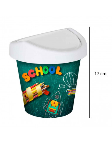 Mini papelera redonda con tapa giratoria de plástico con diseño de colegio. Oficina, escritorio, estudio. 17 x 16 cm