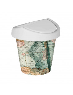 Mini papelera redonda con tapa giratoria de plástico con diseño de mapamundi. Oficina, escritorio, estudio. 17 x 16 cm
