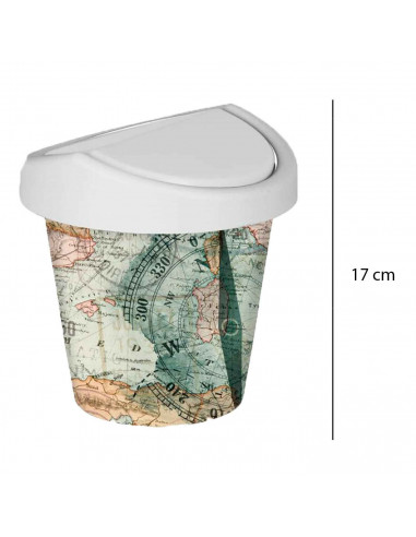 Mini papelera redonda con tapa giratoria de plástico con diseño de mapamundi. Oficina, escritorio, estudio. 17 x 16 cm