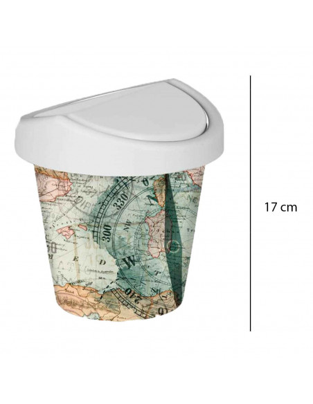 Mini papelera redonda con tapa giratoria de plástico con diseño de mapamundi. Oficina, escritorio, estudio. 17 x 16 cm
