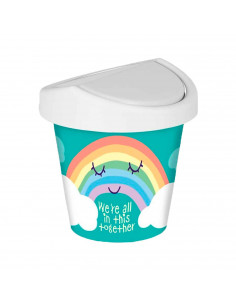 Mini papelera verde redonda con tapa giratoria de plástico con diseño de arcoiris. Oficina, escritorio, estudio. 17 x 16 cm