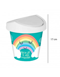 Mini papelera verde redonda con tapa giratoria de plástico con diseño de arcoiris. Oficina, escritorio, estudio. 17 x 16 cm 2