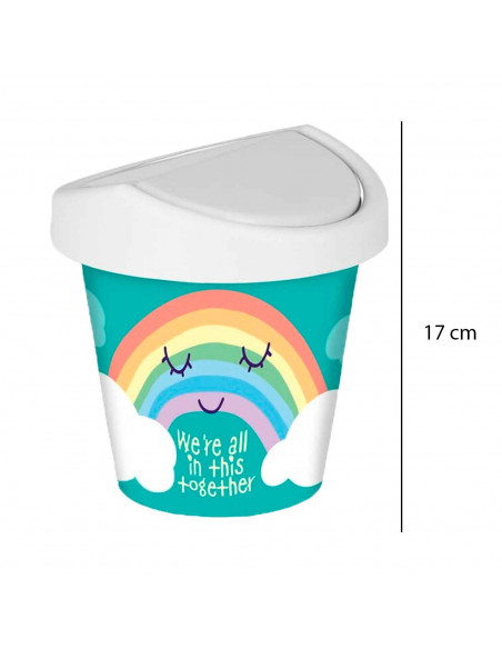 Mini papelera verde redonda con tapa giratoria de plástico con diseño de arcoiris. Oficina, escritorio, estudio. 17 x 16 cm