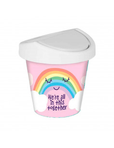 Mini papelera rosa redonda con tapa giratoria de plástico con diseño de arcoíris. Oficina, escritorio, estudio. 17 x 16 cm