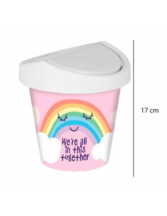 Mini papelera rosa redonda con tapa giratoria de plástico con diseño de arcoíris. Oficina, escritorio, estudio. 17 x 16 cm 2