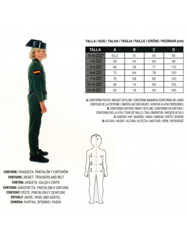 Disfraz de guardia civil color verde para niños de 10 a 12 años para las fiestas carnavales, halloween, fiestas, celebraciones.
