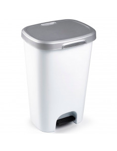 Tradineur - Cubo basura de plástico con pedal, contenedor de residuos, papelera con tapa, fabricado en España (Gris plata y blan