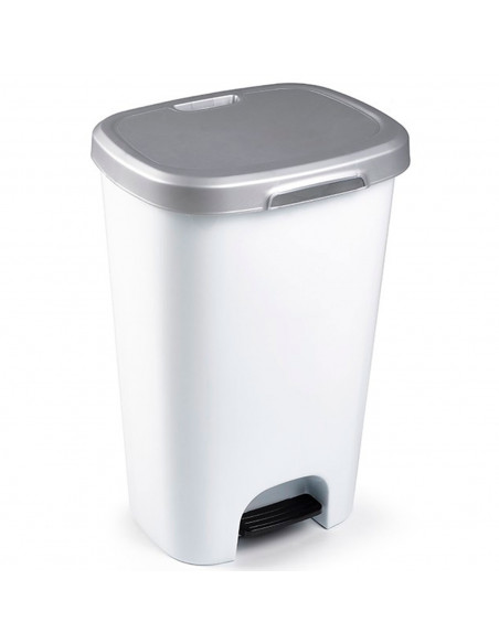 Tradineur - Cubo basura de plástico con pedal, contenedor de residuos, papelera con tapa, fabricado en España (Gris plata y blan