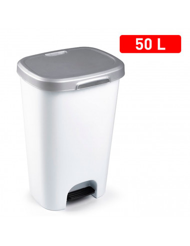Tradineur - Cubo basura de plástico con pedal, contenedor de residuos, papelera con tapa, fabricado en España (Gris plata y blan