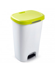 Tradineur - Cubo basura, plástico, con pedal, contenedor de residuos, papelera con tapa, fabricado en España (Blanco y verde pis