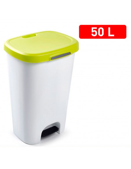 Tradineur - Cubo basura, plástico, con pedal, contenedor de residuos, papelera con tapa, fabricado en España (Blanco y verde pis