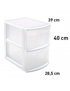 Tradineur - Cajonera estrecha modelo Támesis de plástico, 2 cajones transparentes, torre de almacenaje, oficina, hogar (Blanco, 2